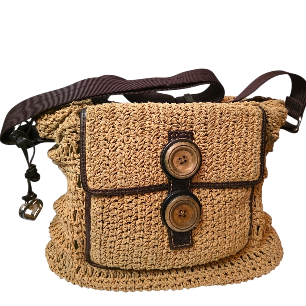 RARE Brighton Raffia Straw Crossbody Bag Boho Luxe Leather Heart Embossed Vintag - Picture 5 of 16
